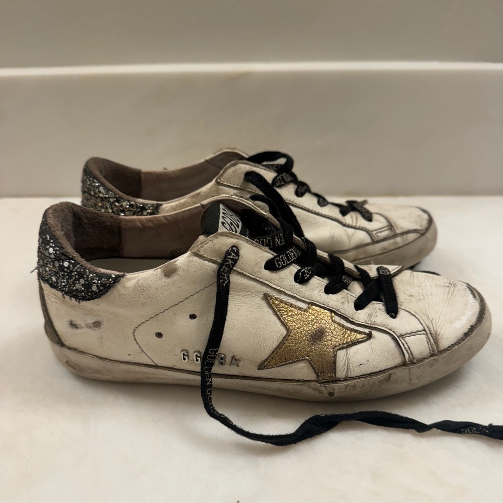 Golden Goose White Leather Super-Star With Glittery Heel, EU 35!